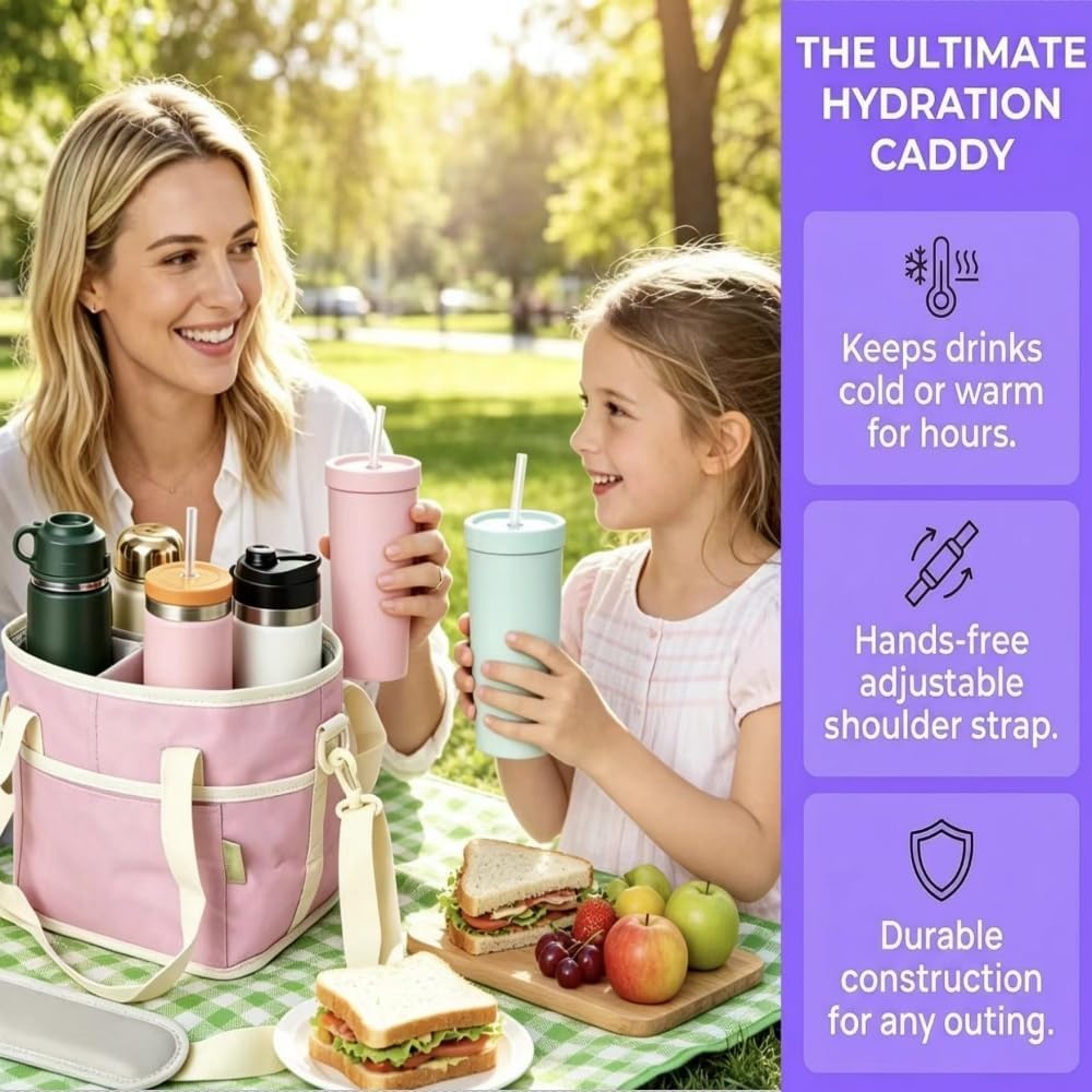 Insulated Drink Carrier Bag for 4 Cups, Family Size 4 Compartment Drink Bag,Water Bottle Holder with Adjustable Strap, Drink Caddy Tote for Coffee, Travel, Outings (Pink)