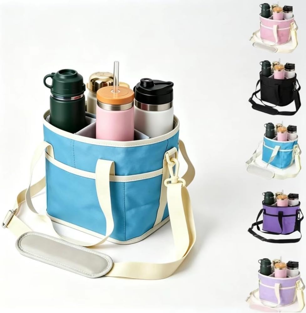 Insulated Drink Carrier Bag for 4 Cups, Family Size 4 Compartment Drink Bag,Water Bottle Holder with Adjustable Strap, Drink Caddy Tote for Coffee, Travel, Outings (Pink)