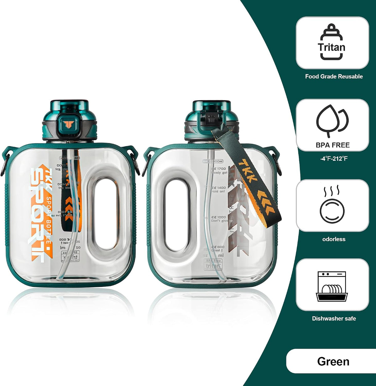 Half Gallon Water Bottle Jug with Straw Large Capacity Plastic Water Bottle Dishwasher Safe 1/2 Gallon 50 Oz Water Bottle Jug BPA Free Tritan for Gym Yoga Travel Camping Outdoor