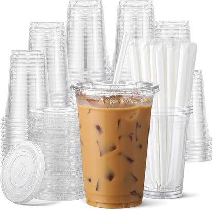 100 Pack - 16 oz Clear Plastic Cups with Lids and Straws, Food Safe Disposable Iced Coffee Cups for Cold Beverages, Smoothies, Iced Coffee, Leak-Proof, BPA-Free