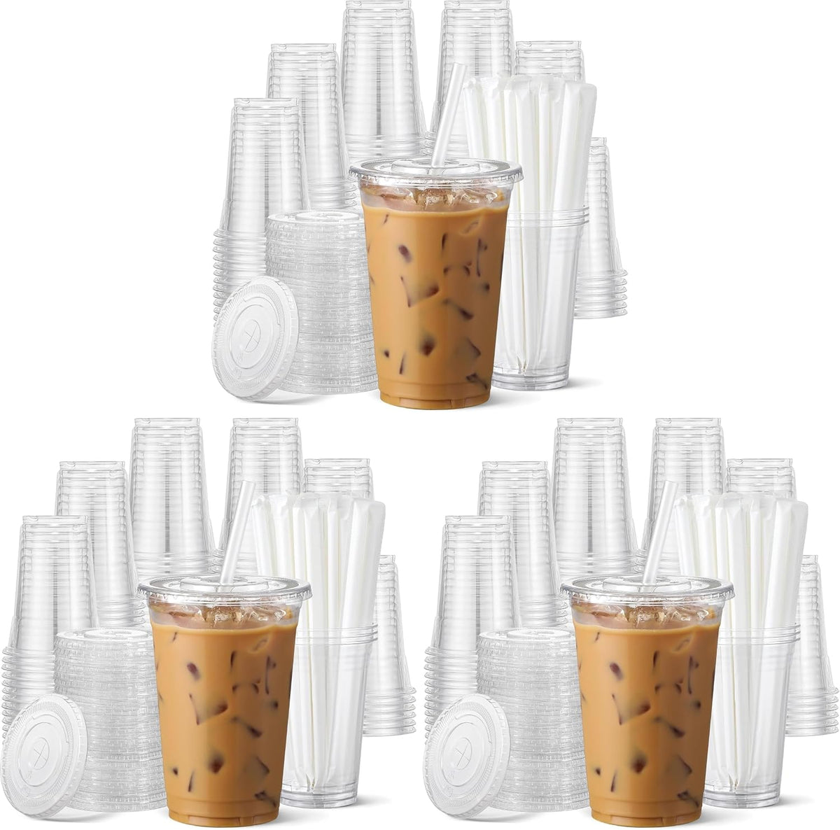 100 Pack - 16 oz Clear Plastic Cups with Lids and Straws, Food Safe Disposable Iced Coffee Cups for Cold Beverages, Smoothies, Iced Coffee, Leak-Proof, BPA-Free