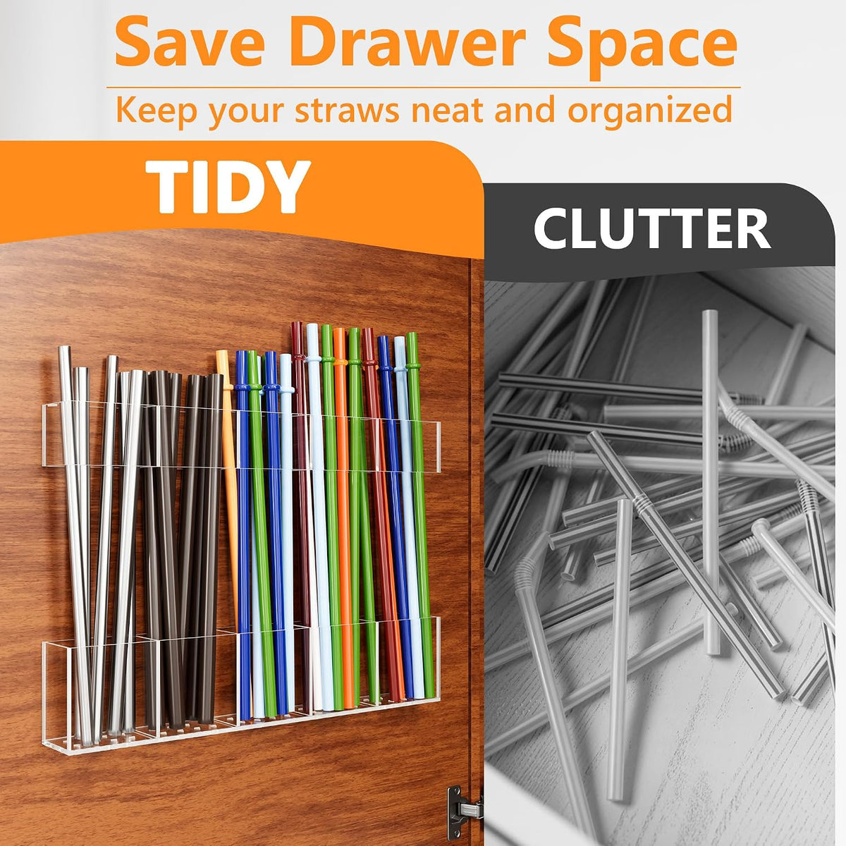 Acrylic Straw Holder for Cabinet Door, Reusable Tumbler Straw Organizer Storage inside Cabinet, Kitchen Accessories for Utensil, Ultra Sticky Adhesive Mounted, Clear
