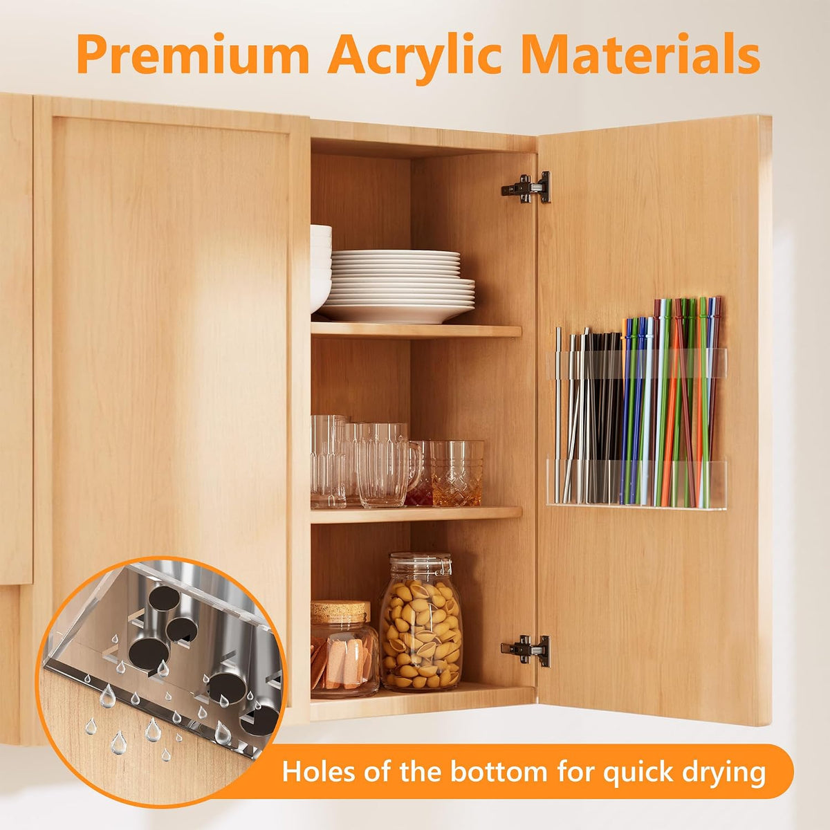 Acrylic Straw Holder for Cabinet Door, Reusable Tumbler Straw Organizer Storage inside Cabinet, Kitchen Accessories for Utensil, Ultra Sticky Adhesive Mounted, Clear