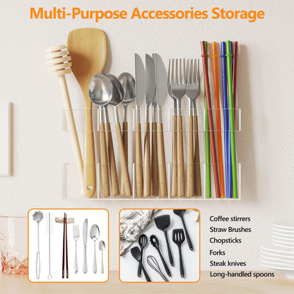 Acrylic Straw Holder for Cabinet Door, Reusable Tumbler Straw Organizer Storage inside Cabinet, Kitchen Accessories for Utensil, Ultra Sticky Adhesive Mounted, Clear
