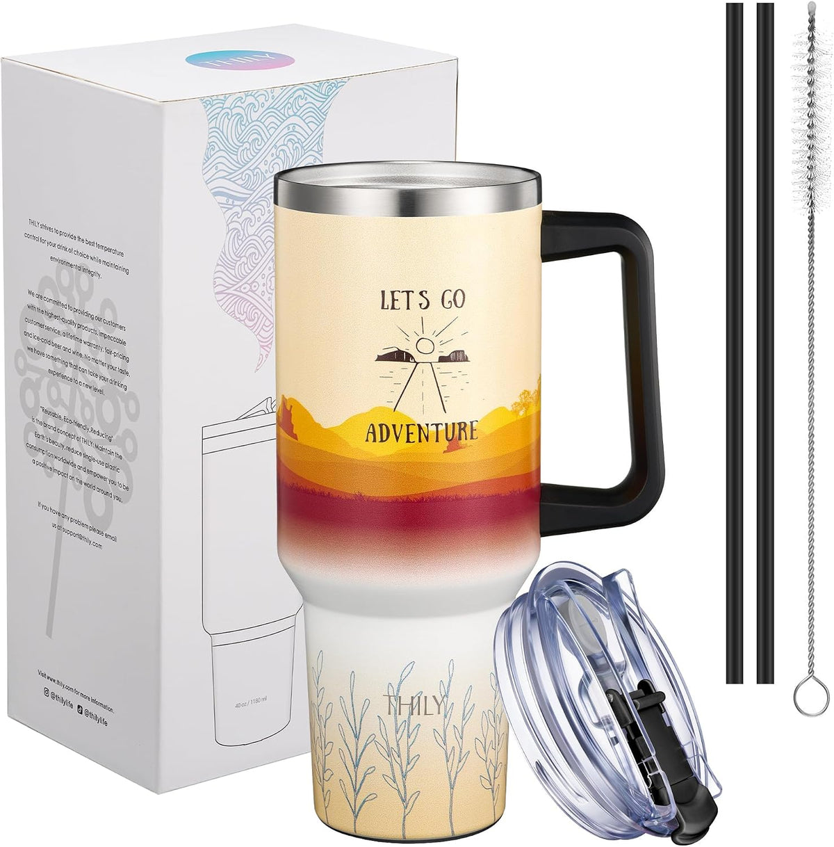 40 oz Stainless Steel Tumbler with Handle - Vacuum Insulated Travel Cup, Splash-Proof & Leakproof Lid, 2 Straws & Brush | Keeps Cold 34H/Hot 12H, Cupholder Friendly, Coastal Breeze