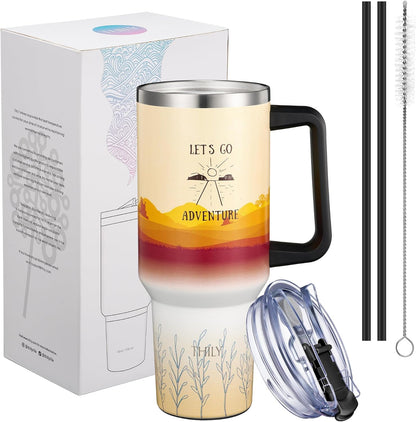 40 oz Stainless Steel Tumbler with Handle - Vacuum Insulated Travel Cup, Splash-Proof & Leakproof Lid, 2 Straws & Brush | Keeps Cold 34H/Hot 12H, Cupholder Friendly, Coastal Breeze
