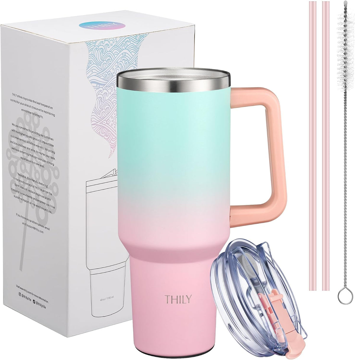 40 oz Stainless Steel Tumbler with Handle - Vacuum Insulated Travel Cup, Splash-Proof & Leakproof Lid, 2 Straws & Brush | Keeps Cold 34H/Hot 12H, Cupholder Friendly, Coastal Breeze