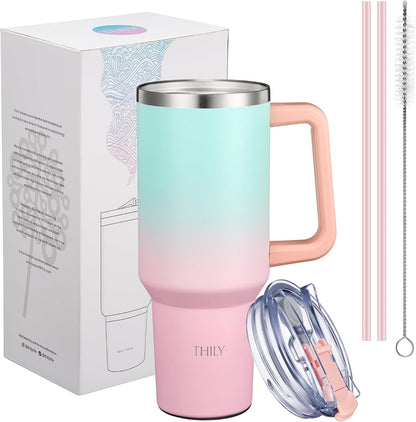 40 oz Stainless Steel Tumbler with Handle - Vacuum Insulated Travel Cup, Splash-Proof & Leakproof Lid, 2 Straws & Brush | Keeps Cold 34H/Hot 12H, Cupholder Friendly, Coastal Breeze