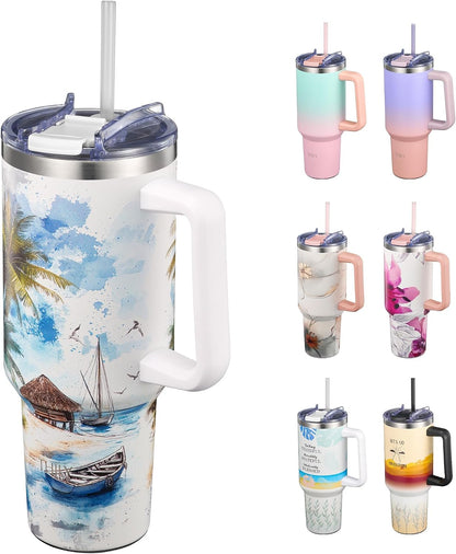 40 oz Stainless Steel Tumbler with Handle - Vacuum Insulated Travel Cup, Splash-Proof & Leakproof Lid, 2 Straws & Brush | Keeps Cold 34H/Hot 12H, Cupholder Friendly, Coastal Breeze