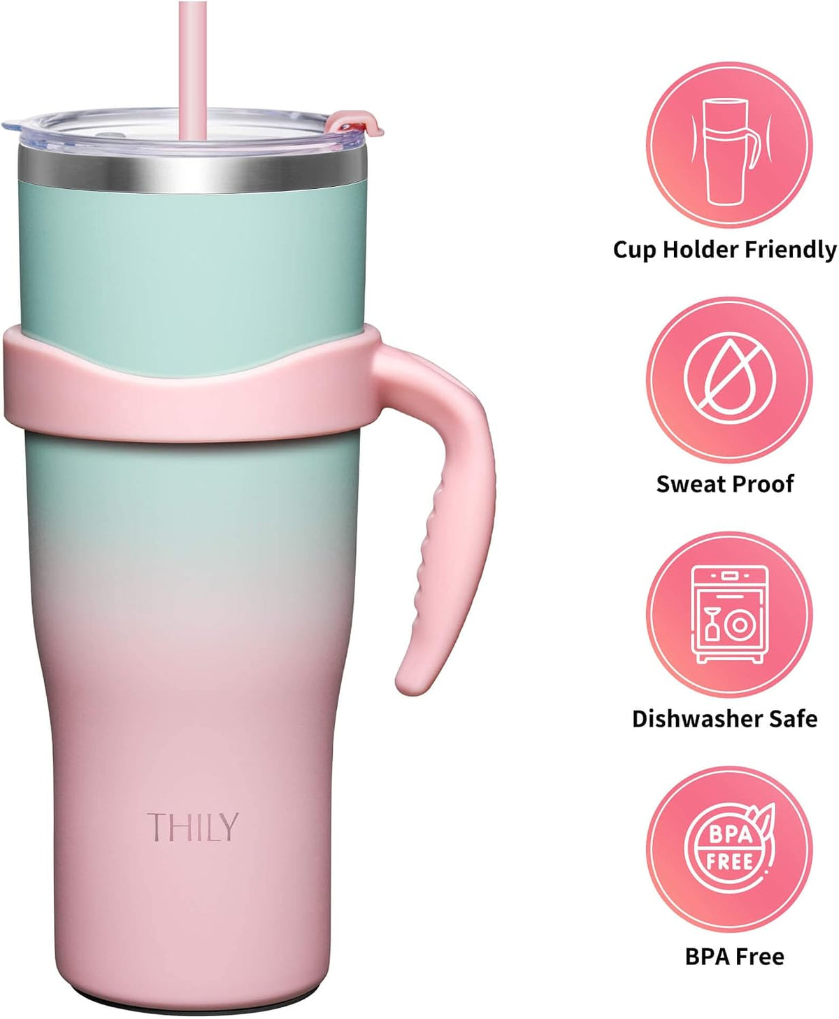 40 oz Stainless Steel Tumbler with Handle - Vacuum Insulated Travel Cup, Splash-Proof & Leakproof Lid, 2 Straws & Brush | Keeps Cold 34H/Hot 12H, Cupholder Friendly, Coastal Breeze