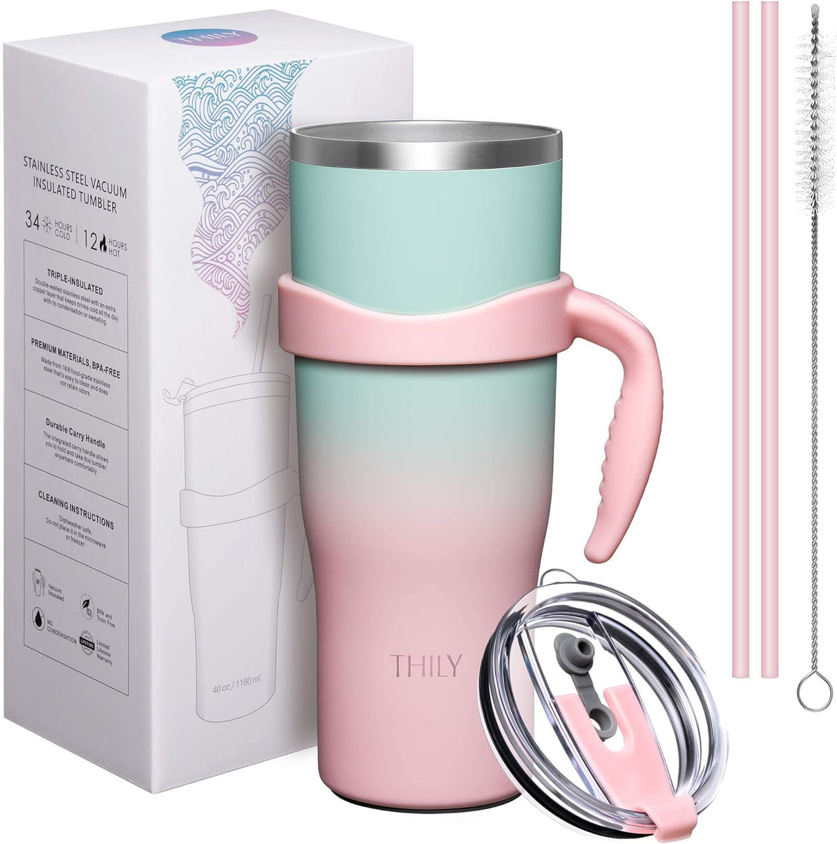 40 oz Stainless Steel Tumbler with Handle - Vacuum Insulated Travel Cup, Splash-Proof & Leakproof Lid, 2 Straws & Brush | Keeps Cold 34H/Hot 12H, Cupholder Friendly, Coastal Breeze