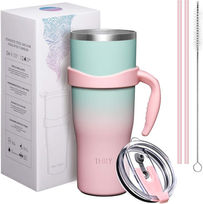 40 oz Stainless Steel Tumbler with Handle - Vacuum Insulated Travel Cup, Splash-Proof & Leakproof Lid, 2 Straws & Brush | Keeps Cold 34H/Hot 12H, Cupholder Friendly, Coastal Breeze