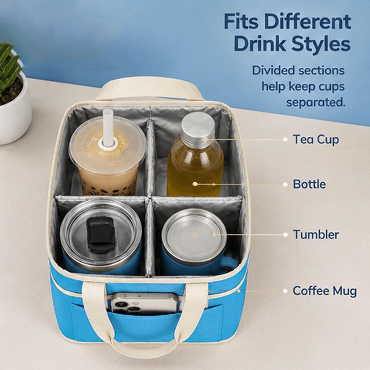 Drink Carrier Tote Bag, 4 Cup Holder Bag Insulated Drink Bag with Detachable Shoulder Strap, Portable Beverage Caddy Holder for Coffee Tumblers Water Bottles (Black)