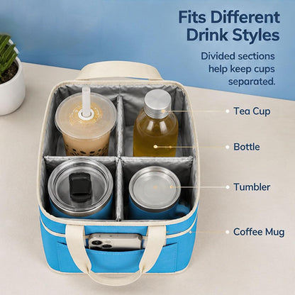 Drink Carrier Tote Bag, 4 Cup Holder Bag Insulated Drink Bag with Detachable Shoulder Strap, Portable Beverage Caddy Holder for Coffee Tumblers Water Bottles (Black)