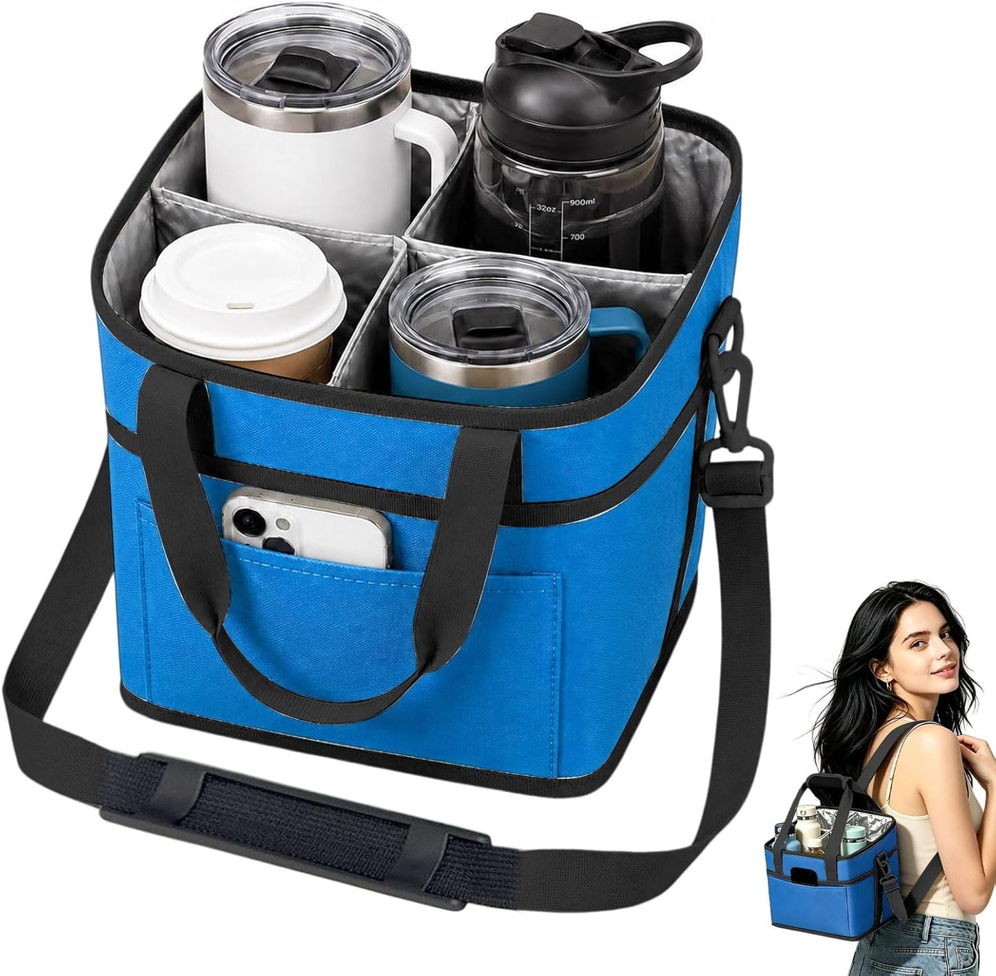 Drink Carrier Tote Bag, 4 Cup Holder Bag Insulated Drink Bag with Detachable Shoulder Strap, Portable Beverage Caddy Holder for Coffee Tumblers Water Bottles (Black)