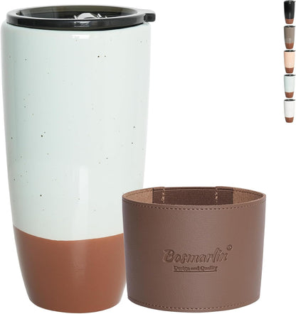 Ceramic Travel Coffee Cup with Lid, 21 oz, Portable Coffee Mug for Car Cup Holder, Microwave and Dishwasher Safe, Reactive Glaze (Grey)