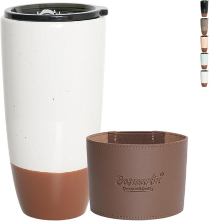 Ceramic Travel Coffee Cup with Lid, 21 oz, Portable Coffee Mug for Car Cup Holder, Microwave and Dishwasher Safe, Reactive Glaze (Grey)