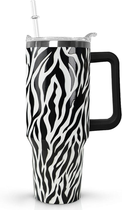 Ceovfoi 40 Oz Leopard & Zebra Print Tumbler With Handle, Lid & Straw - Insulated Travel Coffee Mug Water Bottle, Animal Print Gifts for Women Men