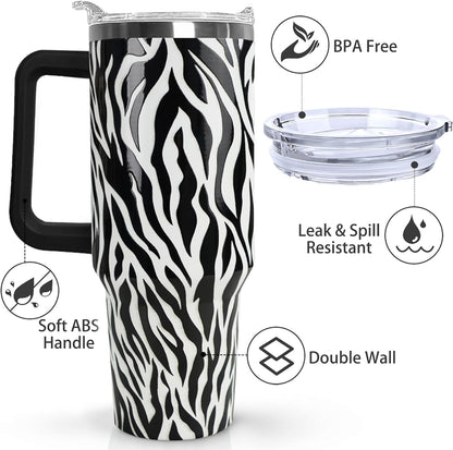 Ceovfoi 40 Oz Leopard & Zebra Print Tumbler With Handle, Lid & Straw - Insulated Travel Coffee Mug Water Bottle, Animal Print Gifts for Women Men
