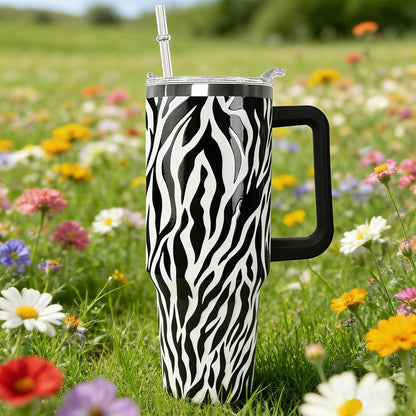 Ceovfoi 40 Oz Leopard & Zebra Print Tumbler With Handle, Lid & Straw - Insulated Travel Coffee Mug Water Bottle, Animal Print Gifts for Women Men