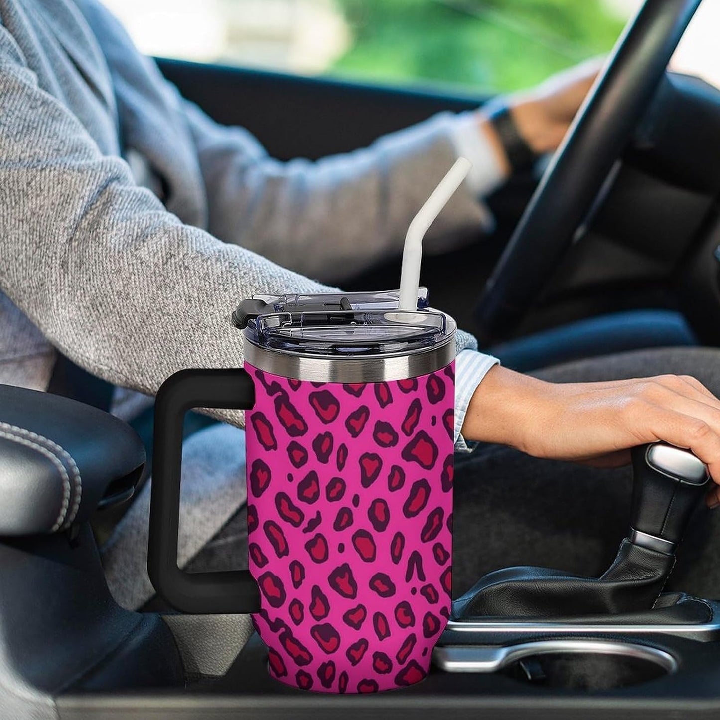 Leakproof Tumbler Vacuum Sealed Car Holder Friendly For Travel Teal And Peach Tropical Palm Leaf Pattern Water Tumbler white-style-23 - Colors E
