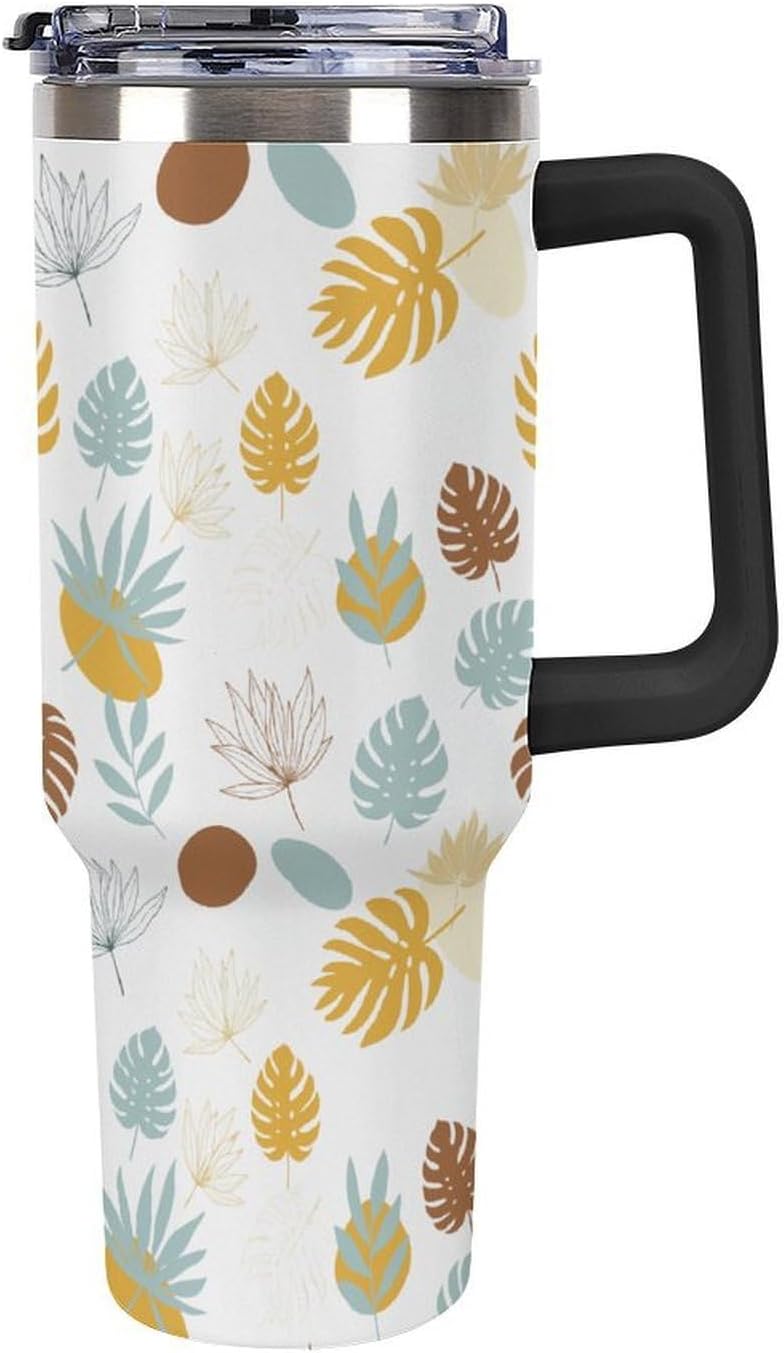 Leakproof Tumbler Vacuum Sealed Car Holder Friendly For Travel Teal And Peach Tropical Palm Leaf Pattern Water Tumbler white-style-23 - Colors E