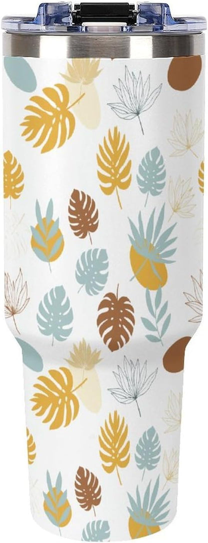 Leakproof Tumbler Vacuum Sealed Car Holder Friendly For Travel Teal And Peach Tropical Palm Leaf Pattern Water Tumbler white-style-23 - Colors E