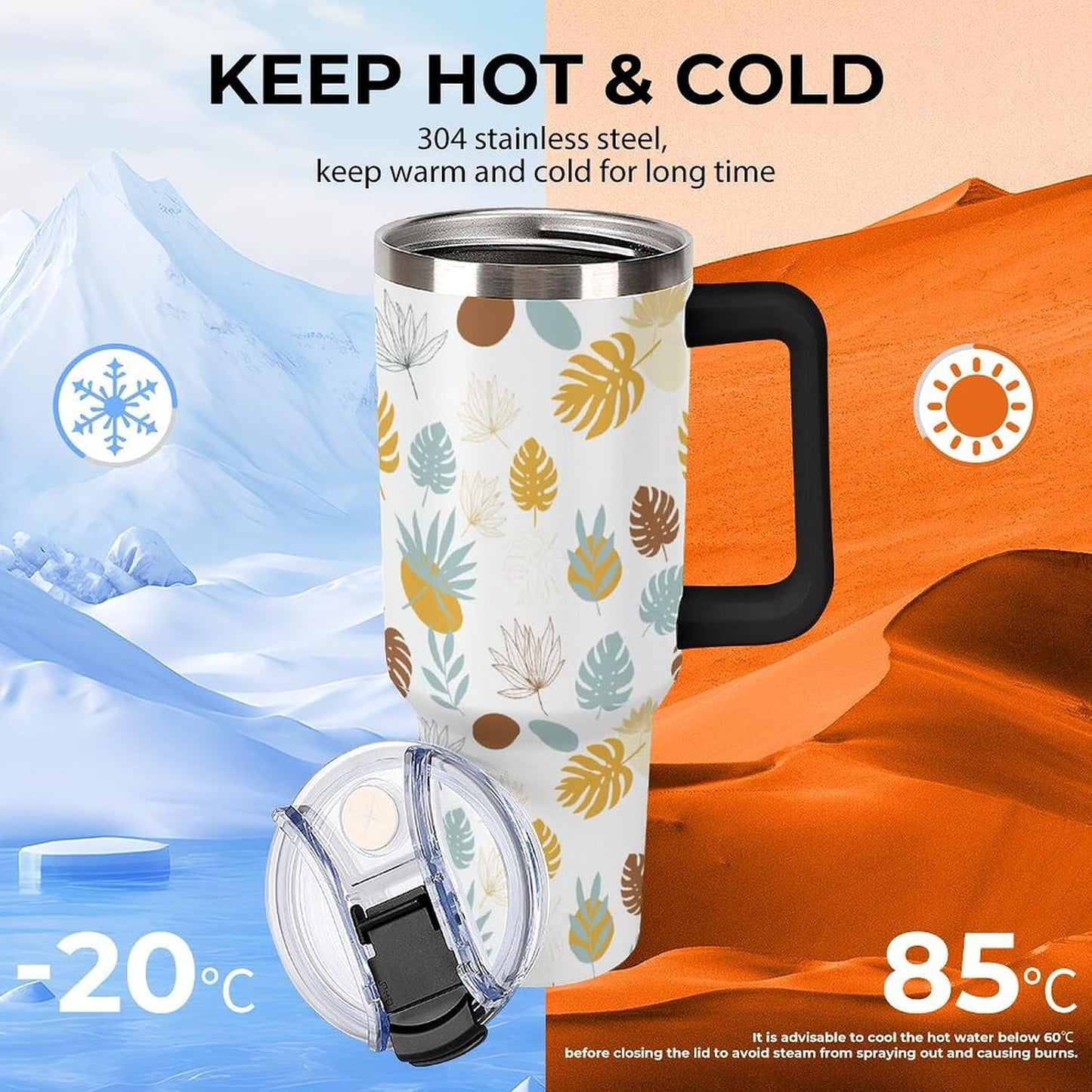 Leakproof Tumbler Vacuum Sealed Car Holder Friendly For Travel Teal And Peach Tropical Palm Leaf Pattern Water Tumbler white-style-23 - Colors E