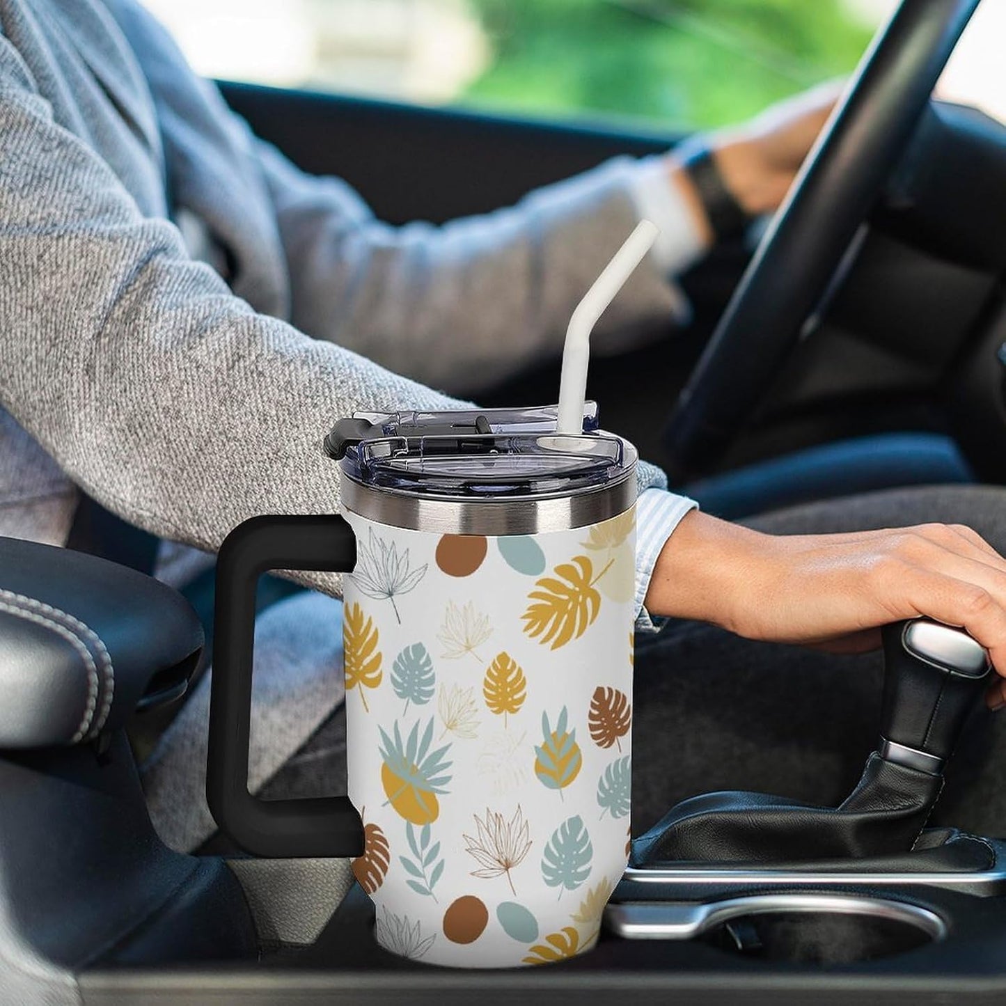 Leakproof Tumbler Vacuum Sealed Car Holder Friendly For Travel Teal And Peach Tropical Palm Leaf Pattern Water Tumbler white-style-23 - Colors E