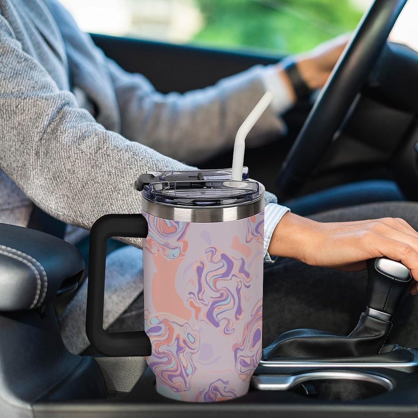 Leakproof Tumbler Vacuum Sealed Car Holder Friendly For Travel Teal And Peach Tropical Palm Leaf Pattern Water Tumbler white-style-23 - Colors E