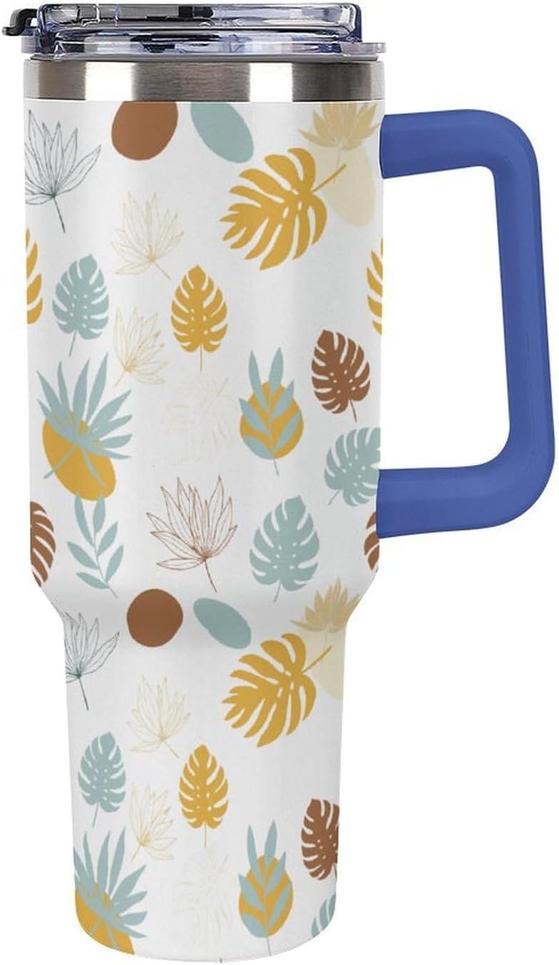 Leakproof Tumbler Vacuum Sealed Car Holder Friendly For Travel Teal And Peach Tropical Palm Leaf Pattern Water Tumbler white-style-23 - Colors E