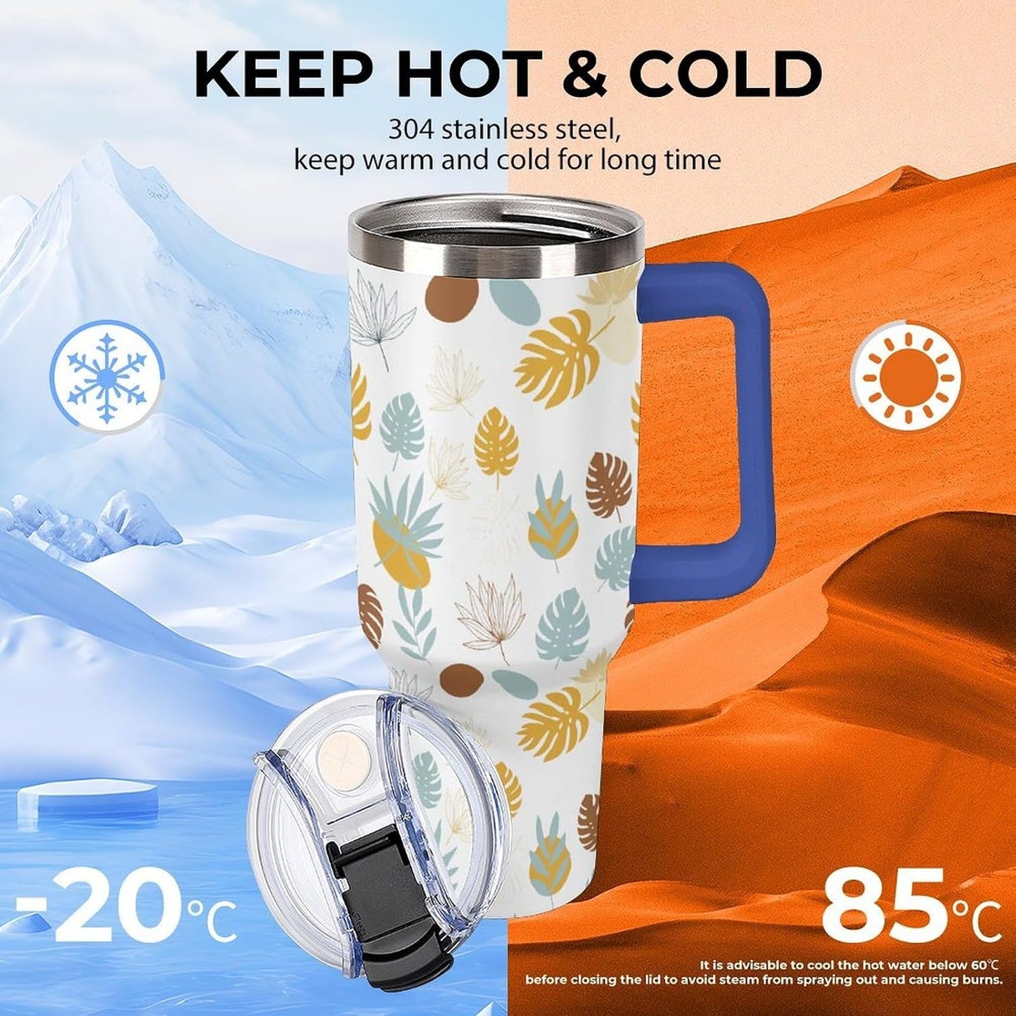 Leakproof Tumbler Vacuum Sealed Car Holder Friendly For Travel Teal And Peach Tropical Palm Leaf Pattern Water Tumbler white-style-23 - Colors E