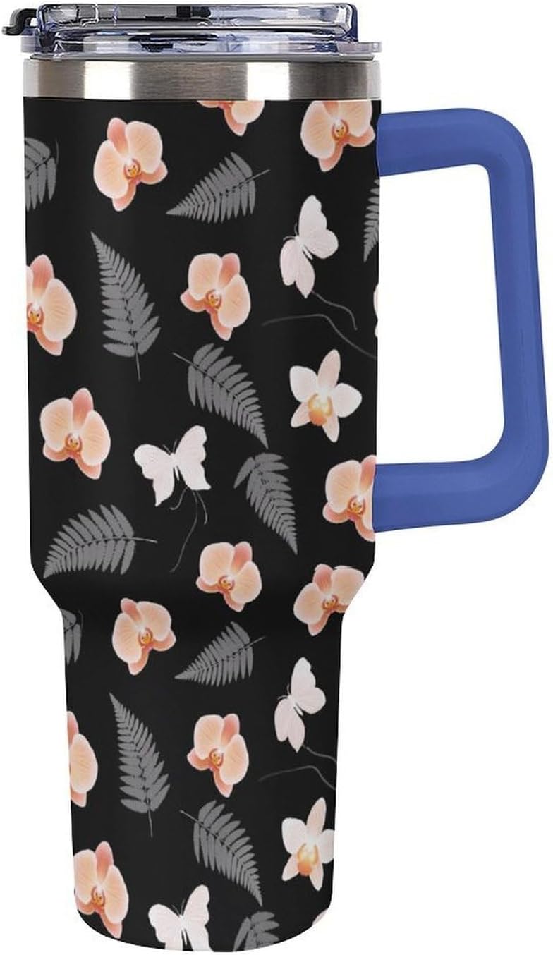 Leakproof Tumbler Vacuum Sealed Car Holder Friendly For Travel Teal And Peach Tropical Palm Leaf Pattern Water Tumbler white-style-23 - Colors E