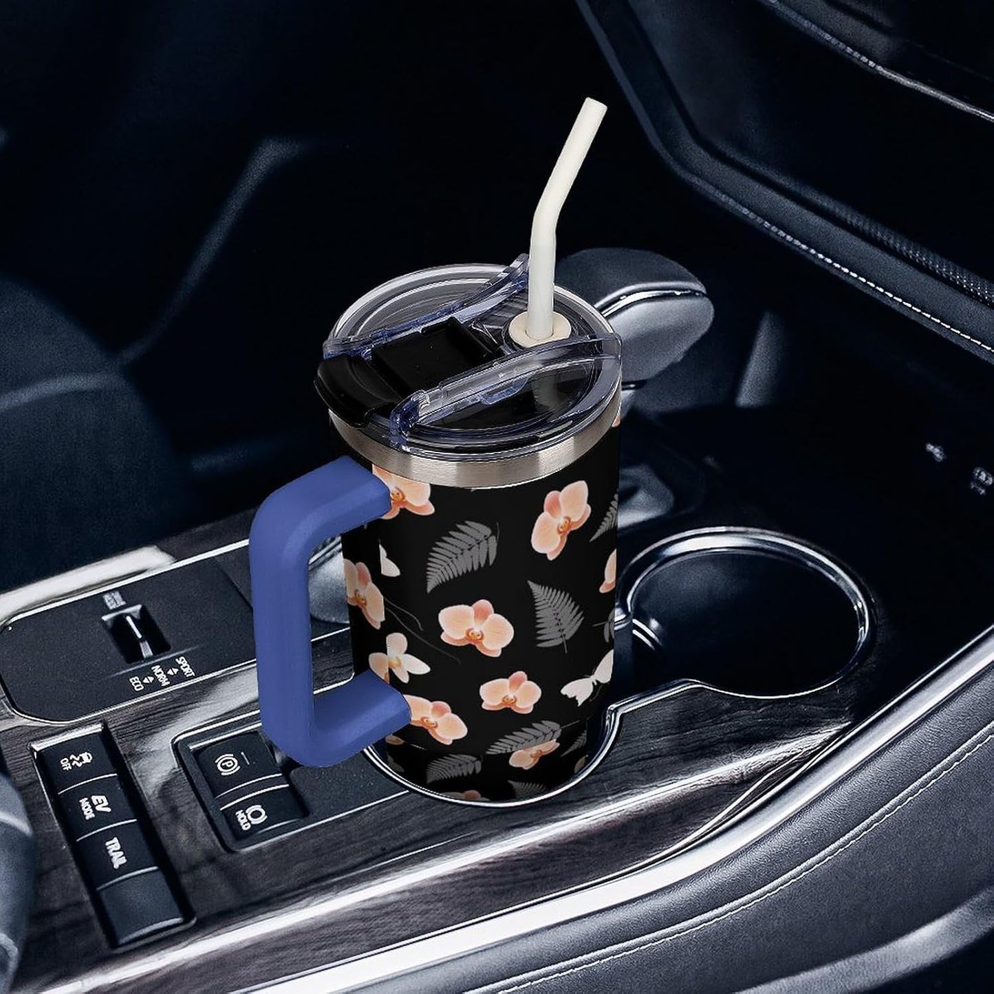 Leakproof Tumbler Vacuum Sealed Car Holder Friendly For Travel Teal And Peach Tropical Palm Leaf Pattern Water Tumbler white-style-23 - Colors E