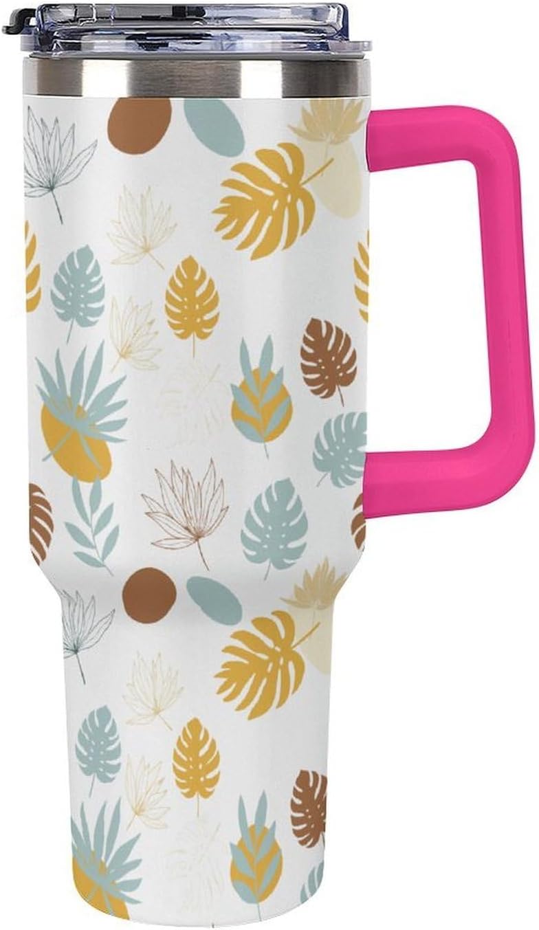 Leakproof Tumbler Vacuum Sealed Car Holder Friendly For Travel Teal And Peach Tropical Palm Leaf Pattern Water Tumbler white-style-23 - Colors E