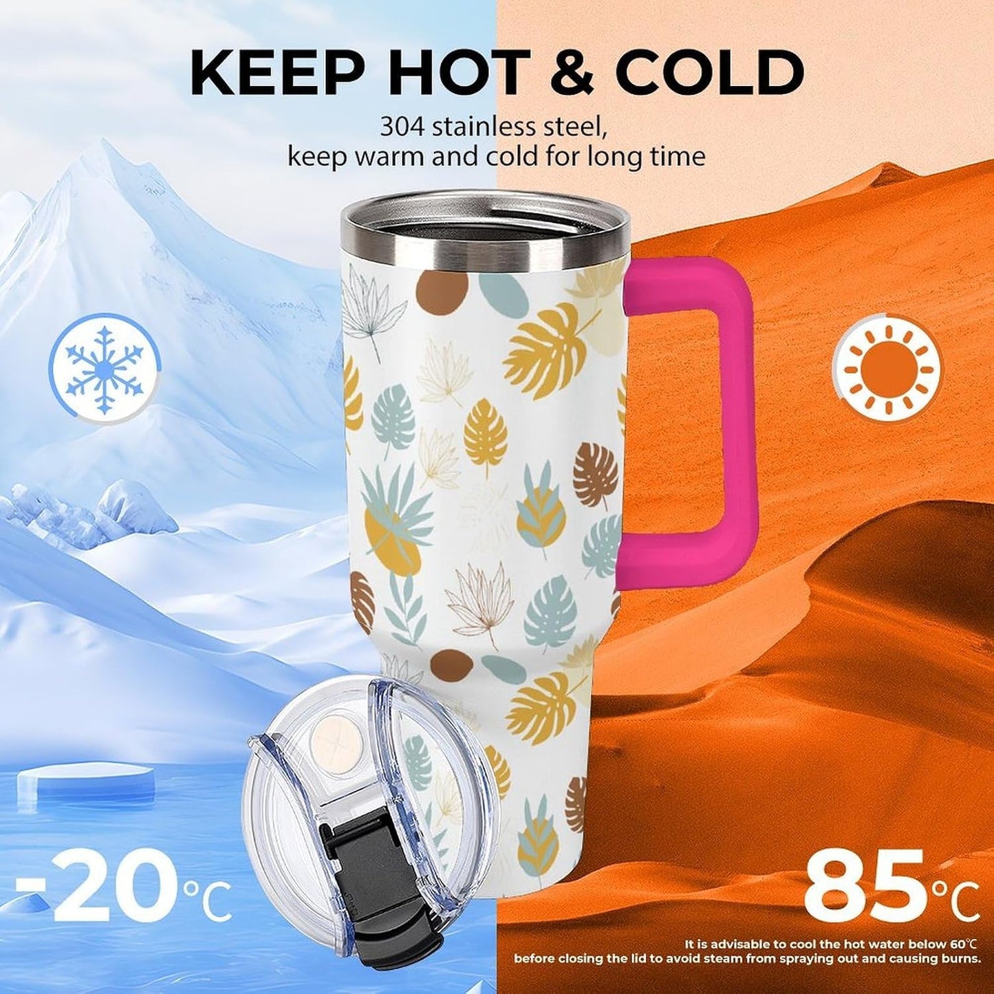 Leakproof Tumbler Vacuum Sealed Car Holder Friendly For Travel Teal And Peach Tropical Palm Leaf Pattern Water Tumbler white-style-23 - Colors E