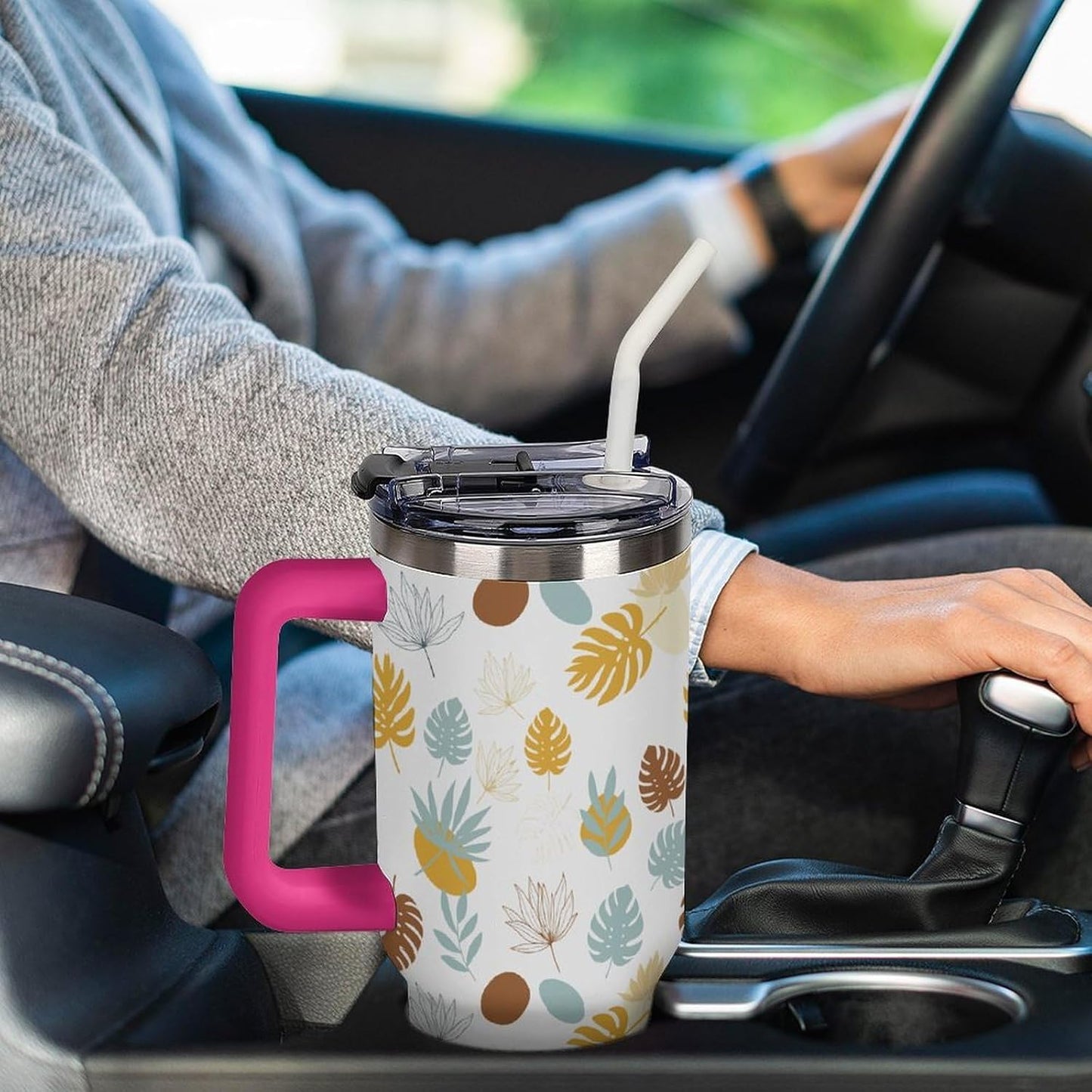 Leakproof Tumbler Vacuum Sealed Car Holder Friendly For Travel Teal And Peach Tropical Palm Leaf Pattern Water Tumbler white-style-23 - Colors E