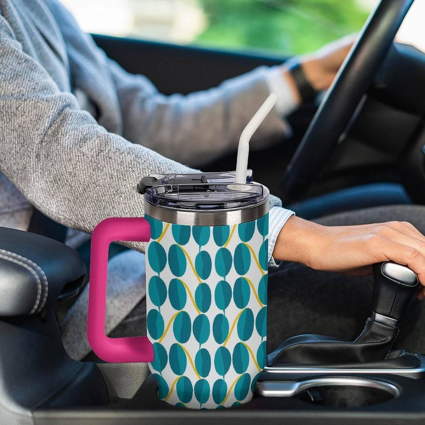 Leakproof Tumbler Vacuum Sealed Car Holder Friendly For Travel Teal And Peach Tropical Palm Leaf Pattern Water Tumbler white-style-23 - Colors E