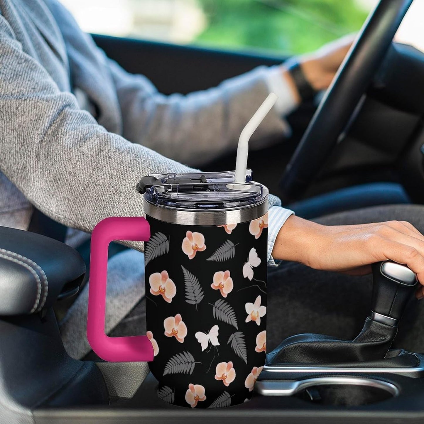Leakproof Tumbler Vacuum Sealed Car Holder Friendly For Travel Teal And Peach Tropical Palm Leaf Pattern Water Tumbler white-style-23 - Colors E