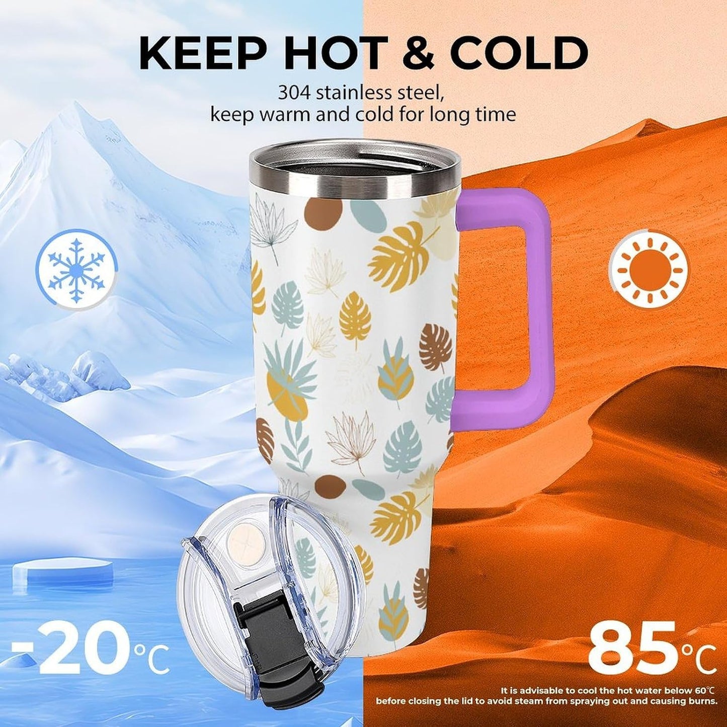 Leakproof Tumbler Vacuum Sealed Car Holder Friendly For Travel Teal And Peach Tropical Palm Leaf Pattern Water Tumbler white-style-23 - Colors E