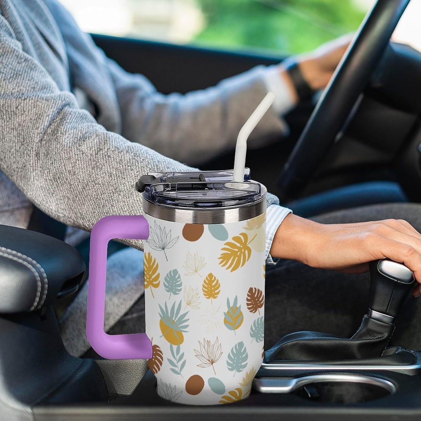 Leakproof Tumbler Vacuum Sealed Car Holder Friendly For Travel Teal And Peach Tropical Palm Leaf Pattern Water Tumbler white-style-23 - Colors E