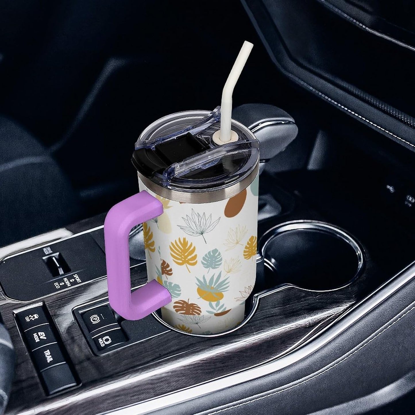 Leakproof Tumbler Vacuum Sealed Car Holder Friendly For Travel Teal And Peach Tropical Palm Leaf Pattern Water Tumbler white-style-23 - Colors E