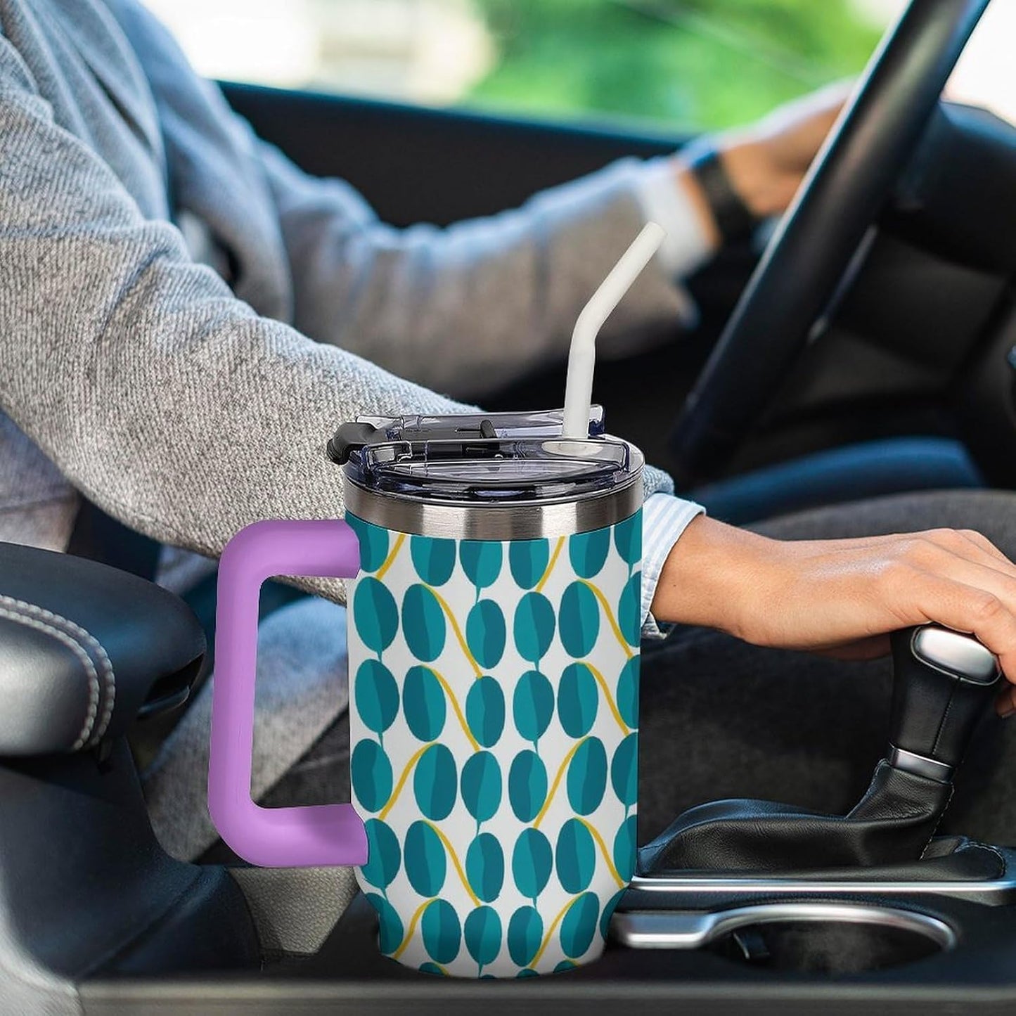 Leakproof Tumbler Vacuum Sealed Car Holder Friendly For Travel Teal And Peach Tropical Palm Leaf Pattern Water Tumbler white-style-23 - Colors E