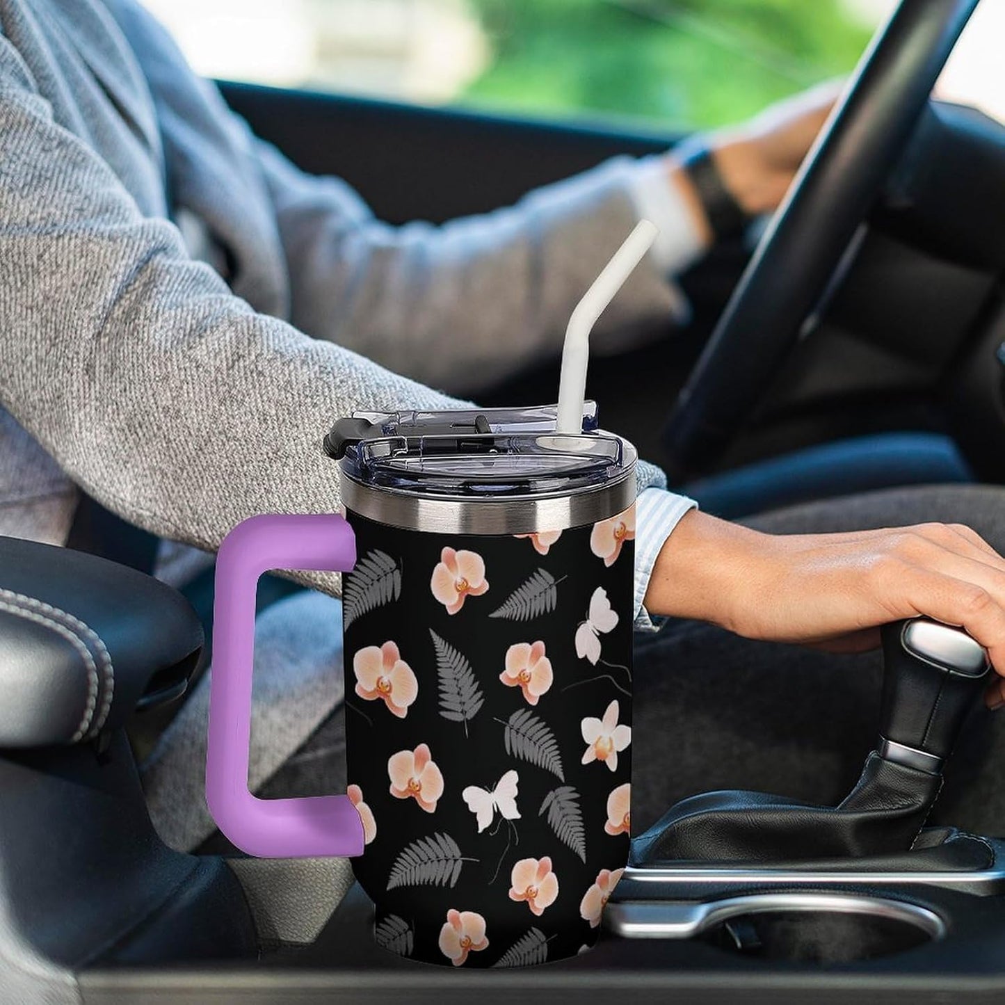 Leakproof Tumbler Vacuum Sealed Car Holder Friendly For Travel Teal And Peach Tropical Palm Leaf Pattern Water Tumbler white-style-23 - Colors E
