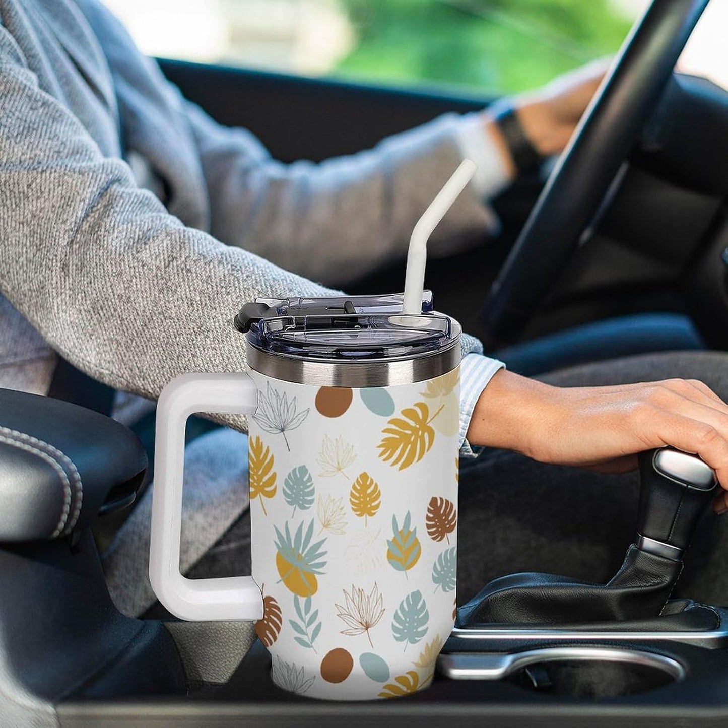 Leakproof Tumbler Vacuum Sealed Car Holder Friendly For Travel Teal And Peach Tropical Palm Leaf Pattern Water Tumbler white-style-23 - Colors E
