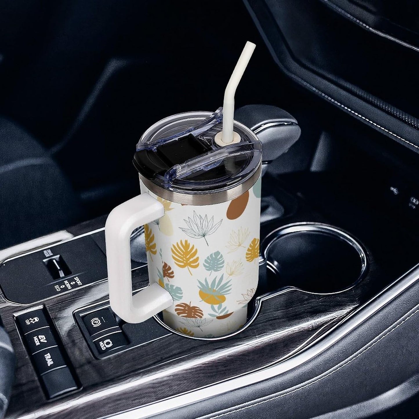 Leakproof Tumbler Vacuum Sealed Car Holder Friendly For Travel Teal And Peach Tropical Palm Leaf Pattern Water Tumbler white-style-23 - Colors E