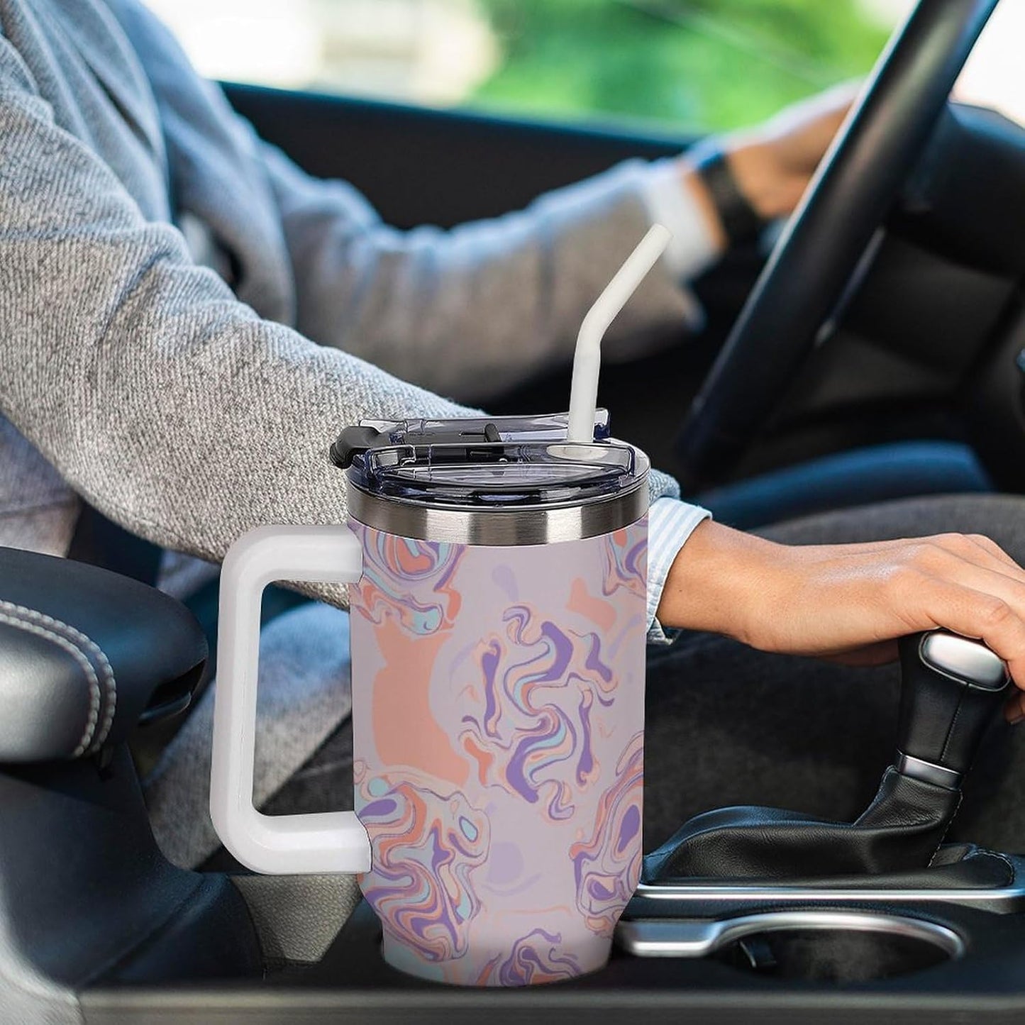 Leakproof Tumbler Vacuum Sealed Car Holder Friendly For Travel Teal And Peach Tropical Palm Leaf Pattern Water Tumbler white-style-23 - Colors E