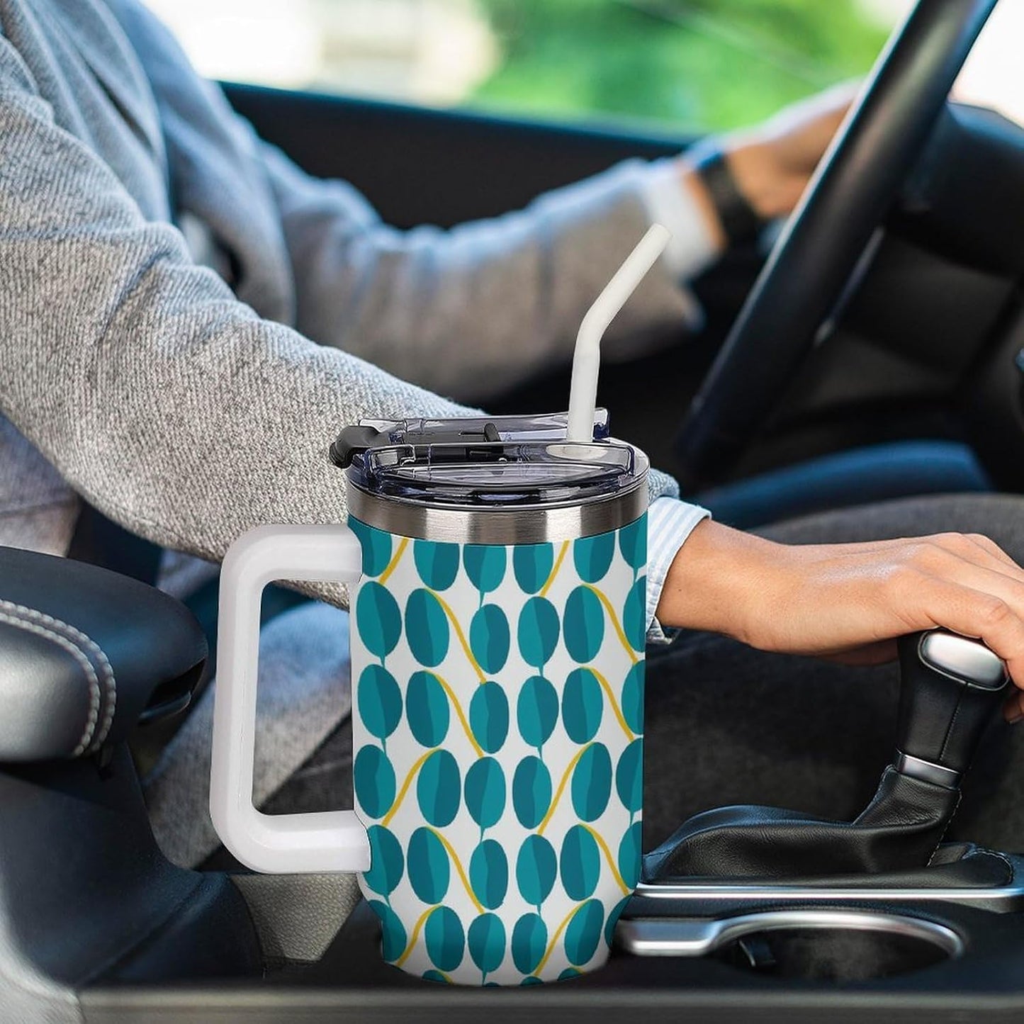 Leakproof Tumbler Vacuum Sealed Car Holder Friendly For Travel Teal And Peach Tropical Palm Leaf Pattern Water Tumbler white-style-23 - Colors E
