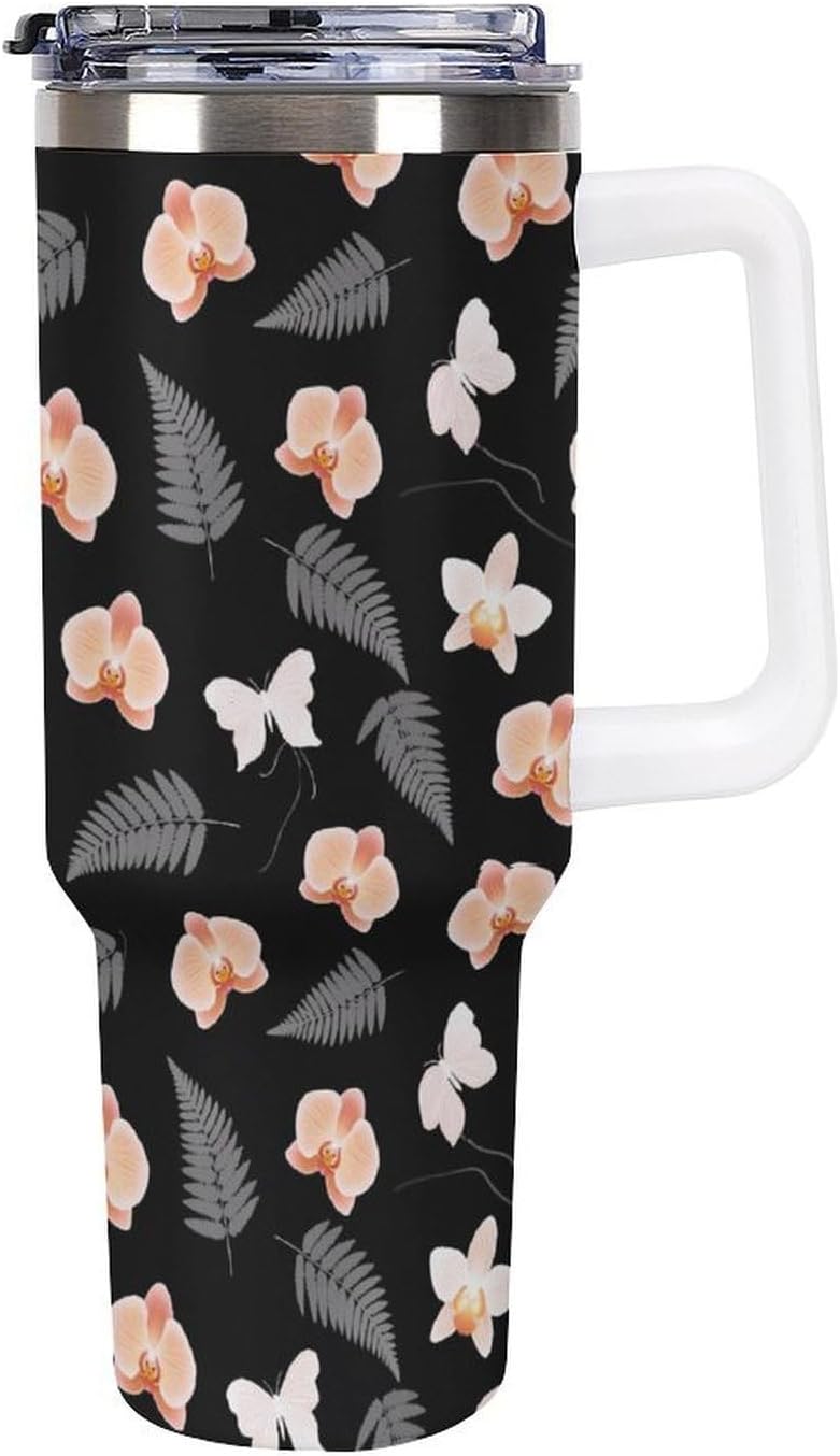 Leakproof Tumbler Vacuum Sealed Car Holder Friendly For Travel Teal And Peach Tropical Palm Leaf Pattern Water Tumbler white-style-23 - Colors E
