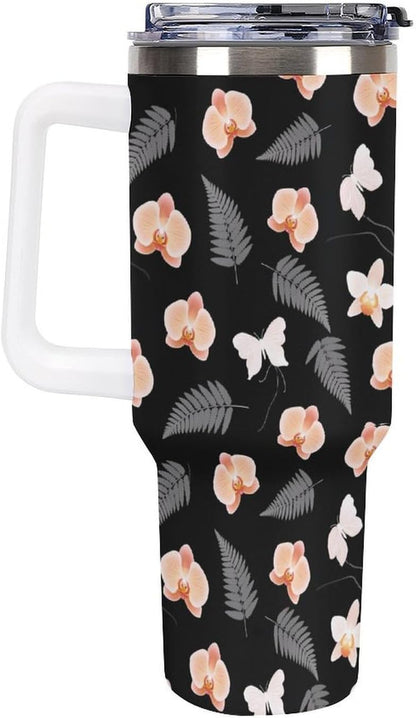 Leakproof Tumbler Vacuum Sealed Car Holder Friendly For Travel Teal And Peach Tropical Palm Leaf Pattern Water Tumbler white-style-23 - Colors E